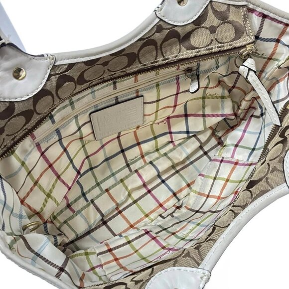 Auth COACH Bleecker Signature Tote 12369 Khaki Cream Jacquard Leather Tote Bag - Picture 5 of 11